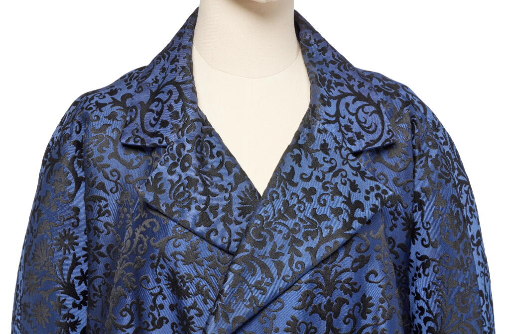 View full screen - View 1 of Lot 96. Haute Couture Blue and Black Figured Silk Opera Coat, 1950s.