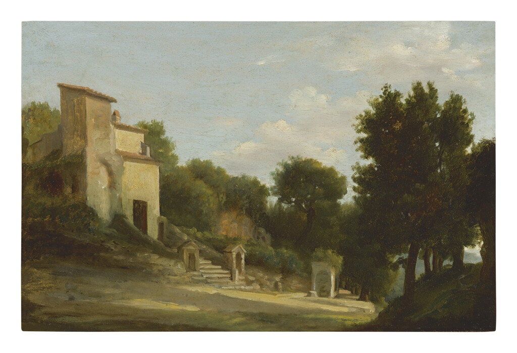 View full screen - View 1 of Lot 597. AUGUSTE JEAN-BAPTISTE VINCHON | THE RUINS OF DOMITIAN'S VILLA AT CASTEL GANDOLFO WITH THE CHAPEL OF THE VIRGIN MARY.