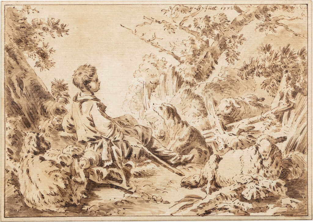 View full screen - View 1 of Lot 197. Young shepherd with his sheep and dog; Young shepherdess with her sheep | Berger avec ses chiens et ses moutons ; Bergère avec ses chiens et ses moutons.