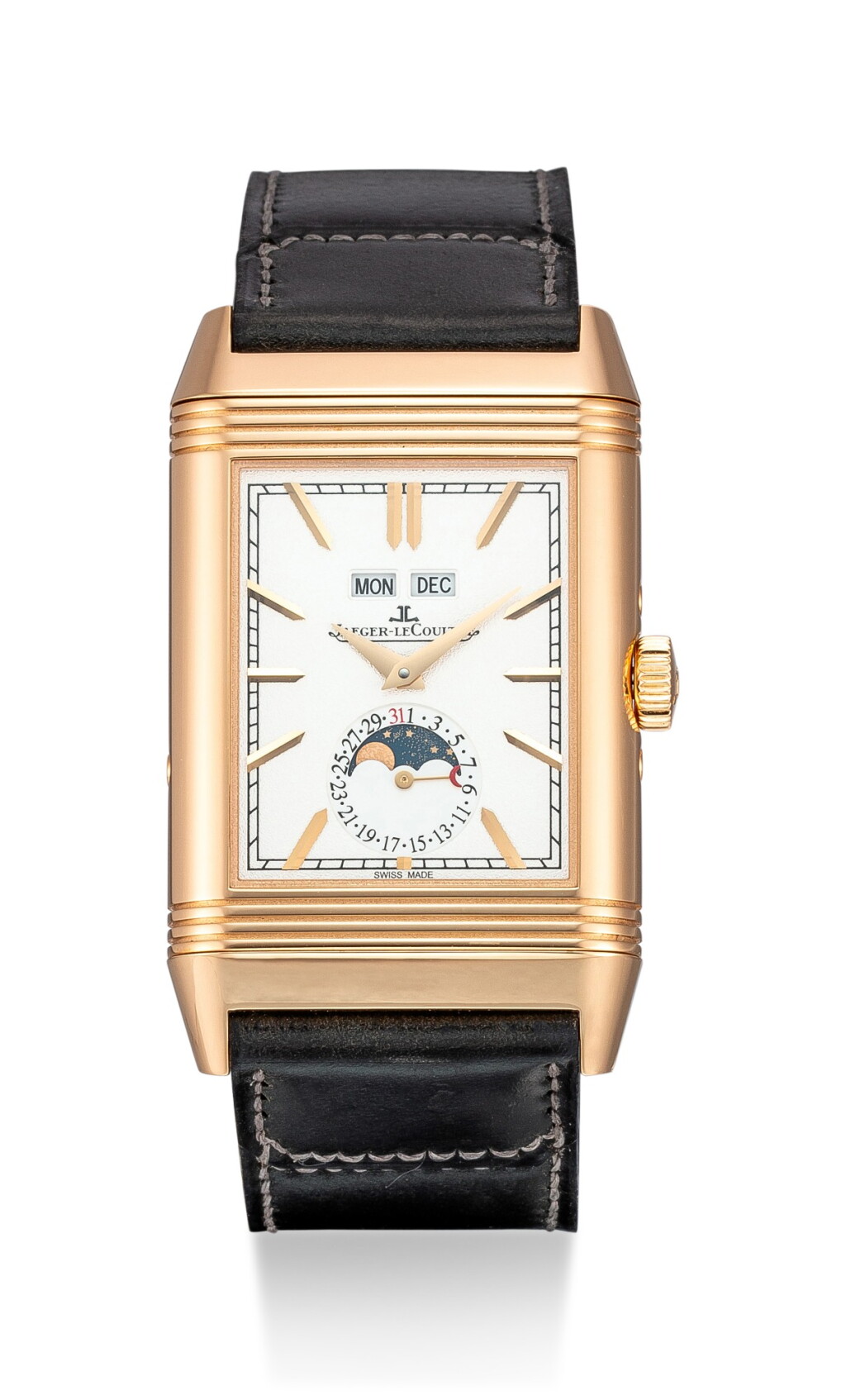 View full screen - View 1 of Lot 104. JAEGER-LECOULTRE | REVERSO, REFERENCE 216.2.D3, A PINK GOLD TRIPLE CALENDAR DUAL TIME ZONE REVERSIBLE WRISTWATCH WITH MOON PHASES AND DAY AND NIGHT INDICATION, CIRCA 2016.