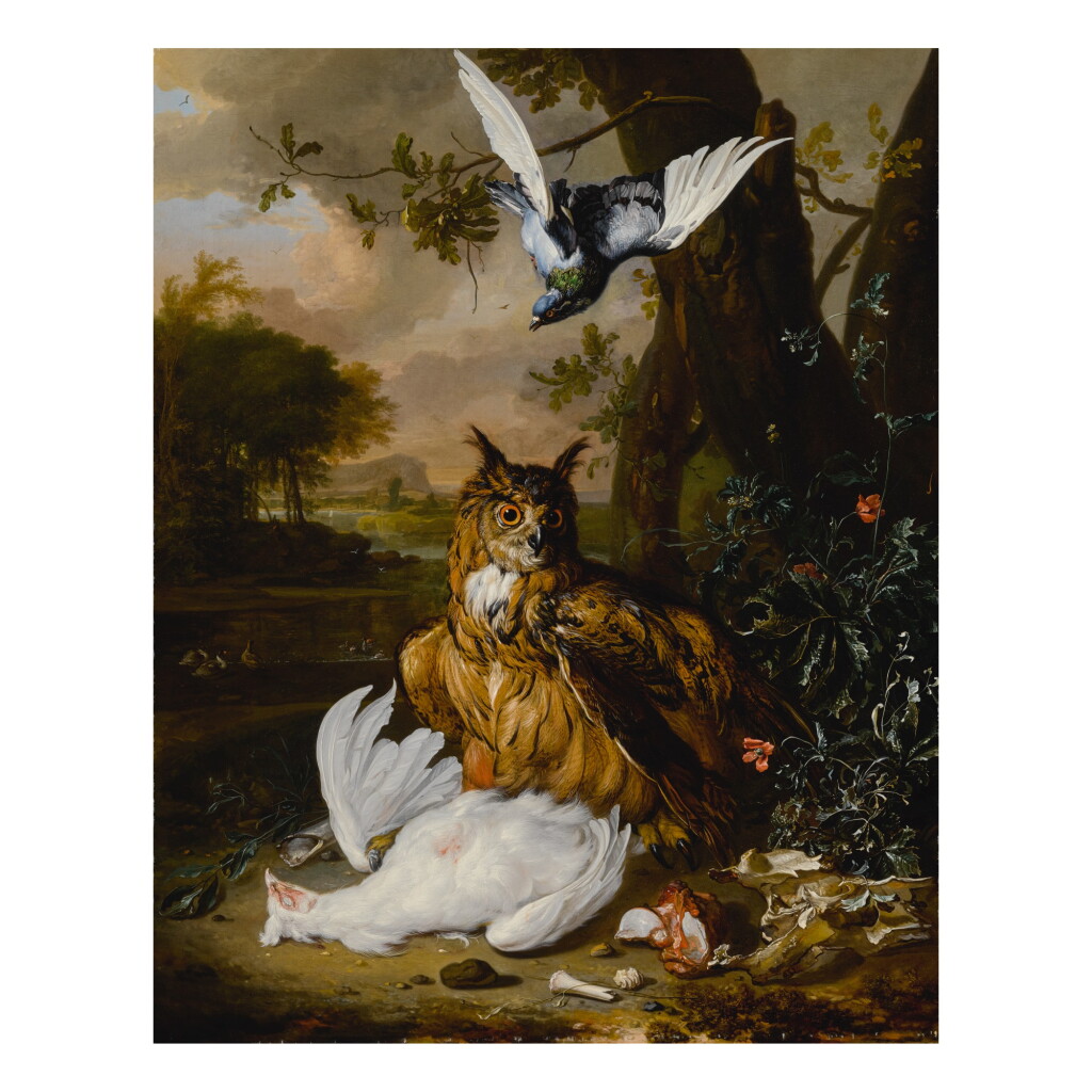 View full screen - View 1 of Lot 18. A Eurasian eagle-owl with other birds in a landscape.