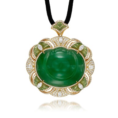 View full screen - View 1 of Lot 77. Jadeite, enamel and diamond pendant.