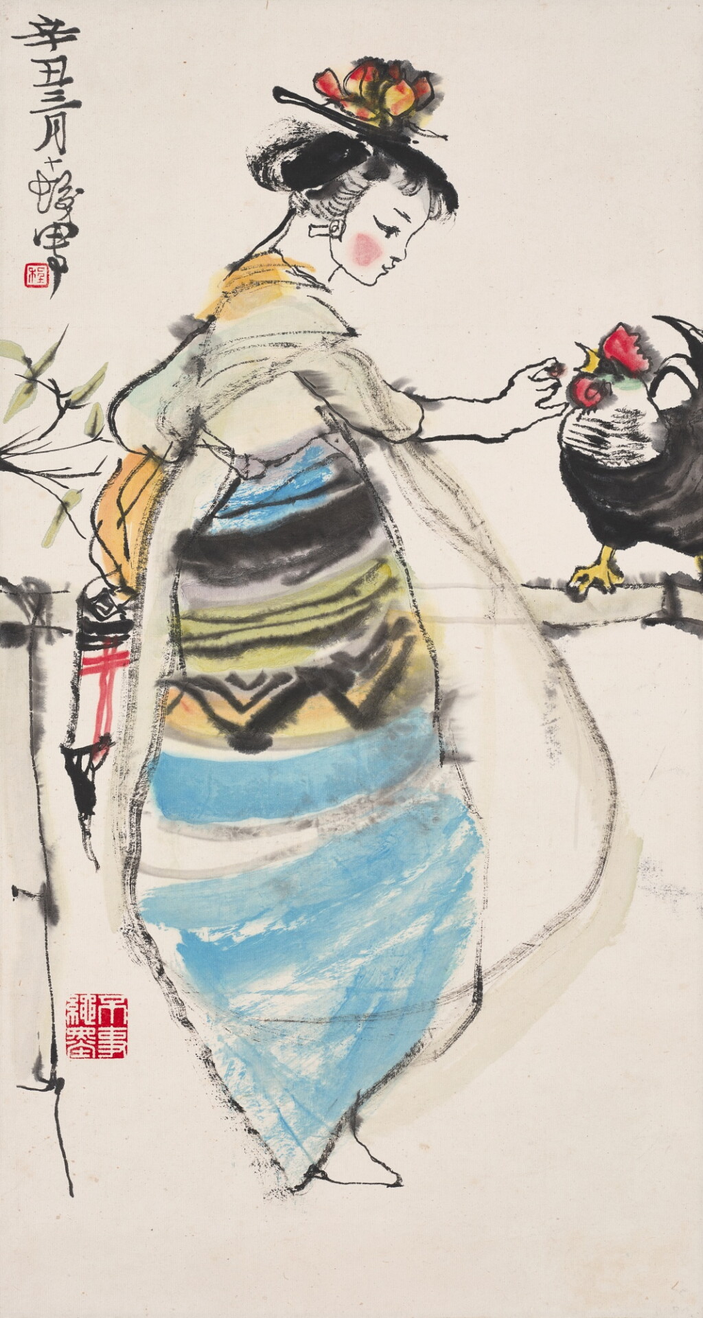 View full screen - View 1 of Lot 2590. 程十髮 少女飼雞 | Cheng Shifa, Lady Feeding Chick.