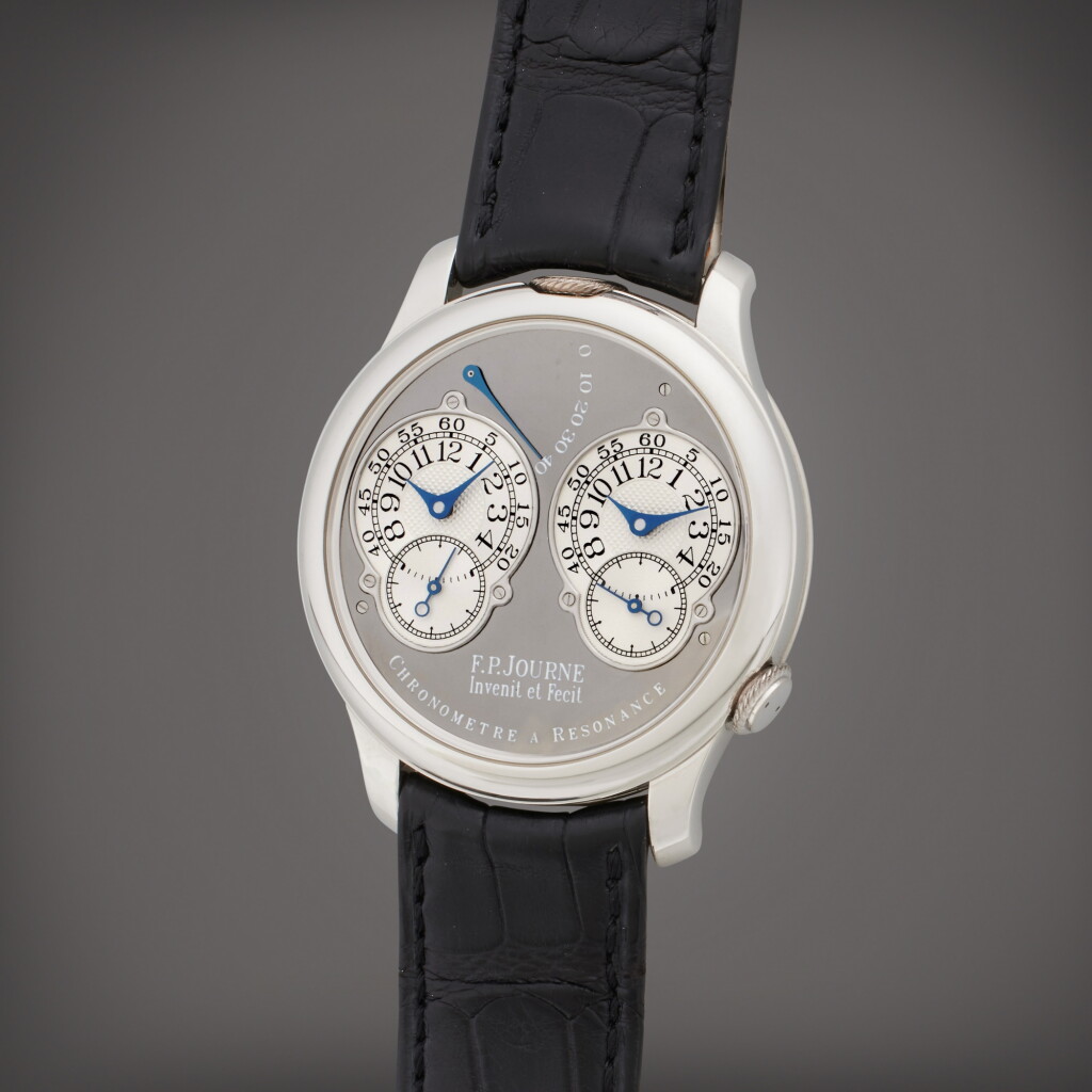 View full screen - View 1 of Lot 73. Chronomètre à Résonance 'Ruthenium' | A limited edition platinum dual time wristwatch with power reserve indication and brass movement, Circa 2001.