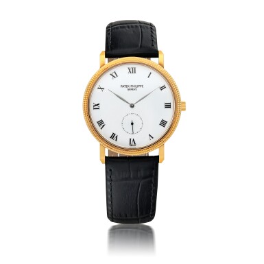 View full screen - View 1 of Lot 402. PATEK PHILIPPE | CALATRAVA, REF 3919 YELLOW GOLD WRISTWATCH WITH 'CLOUS DE PARIS' BEZEL MADE IN 1991.