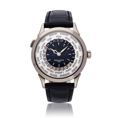 View full screen - View 1 of Lot 218. Reference 5230G-010 World Time 'New York Edition' | A limited edition white gold world time wristwatch with blue cloisonné enamel dial depicting the New York skyline, Circa 2017.
