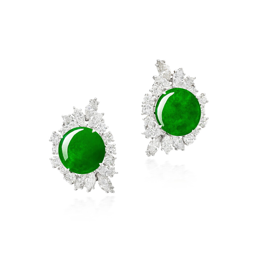 View full screen - View 1 of Lot 2780. Pair of Jadeite and Diamond Earrings | 天然翡翠 配 鑽石 耳環一對.