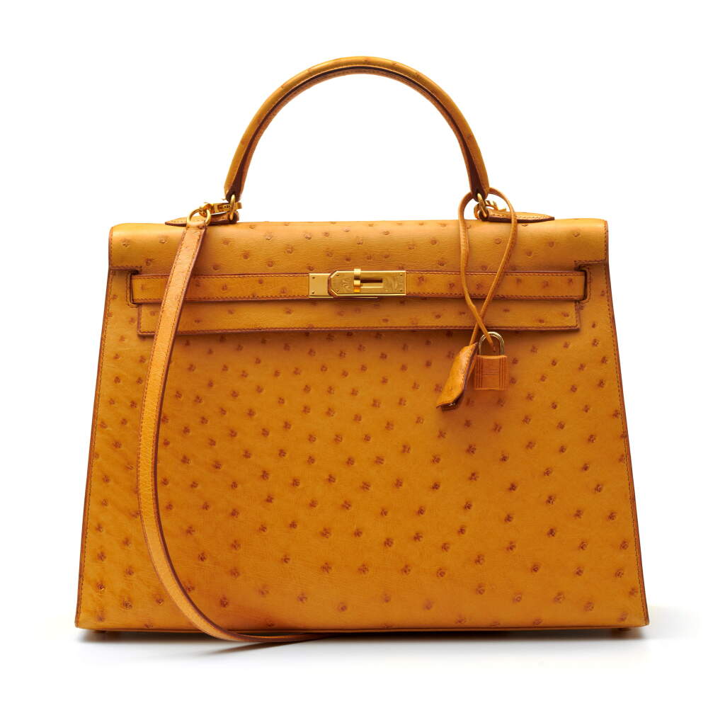 View full screen - View 1 of Lot 315. Saffron Sellier Kelly 35 in Ostrich Leather with Gold Hardware, 1996.