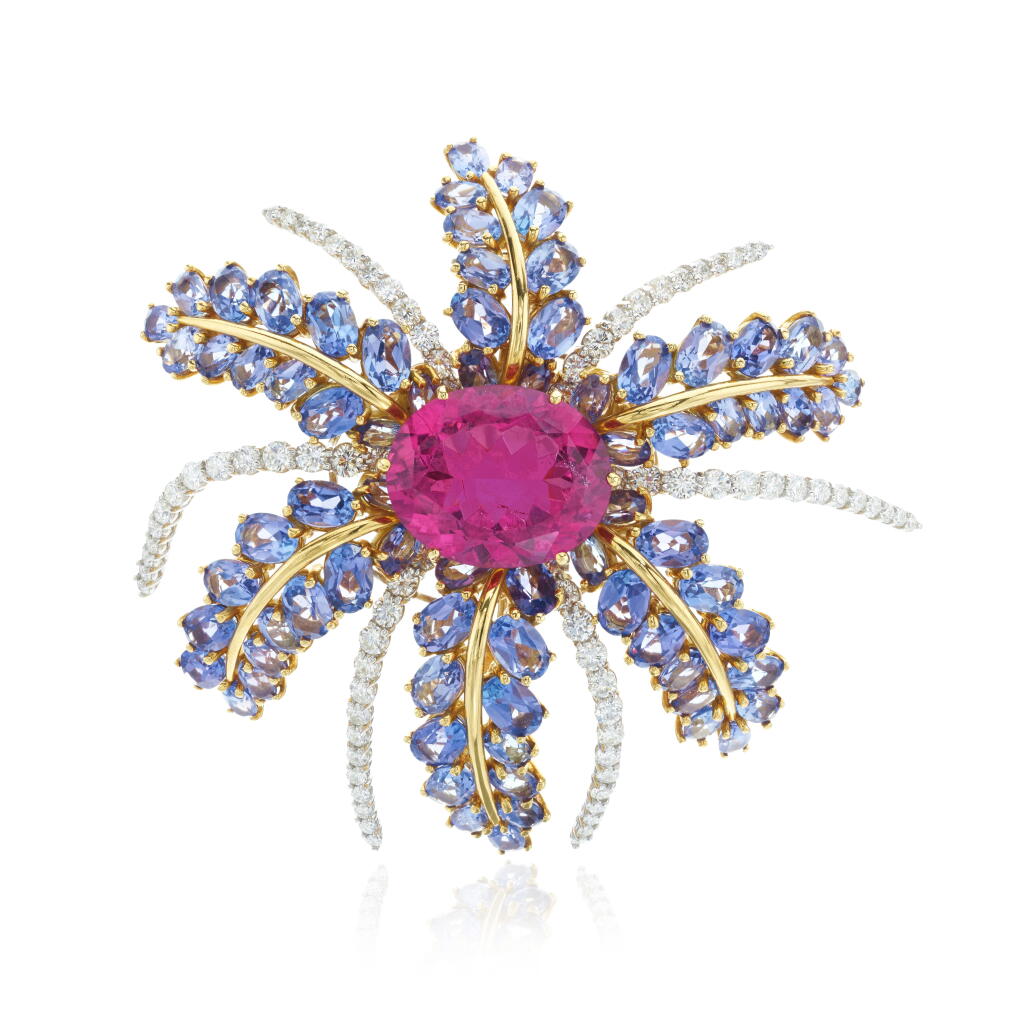 View full screen - View 1 of Lot 541. Tourmaline, tanzanite and diamond brooch, ‘Fireworks’, circa 1993.