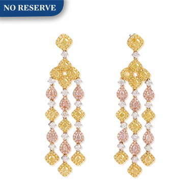 View full screen - View 1 of Lot 1292. PAIR OF COLOURED DIAMOND AND DIAMOND PENDENT EARRINGS | 彩色鑽石 配 鑽石 吊耳環一對.