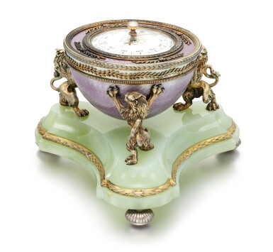 View full screen - View 1 of Lot 20. A Fabergé silver-gilt guilloché enamel and bowenite barometer, workmaster Henrik Wigström, St Petersburg, 1903.