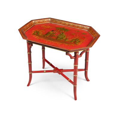 View full screen - View 1 of Lot 217. A red and gilt japanned tole octagonal tray, early 19th century.