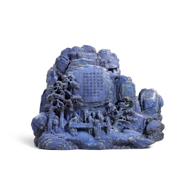 View full screen - View 1 of Lot 168. A rare large imperially inscribed lapis lazuli boulder, Qing dynasty, Qianlong period | 清乾隆 青金石御製詩五老圖山子.