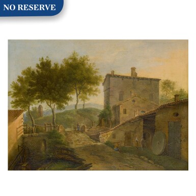 View full screen - View 1 of Lot 104. Village landscape with a mill and various figures.