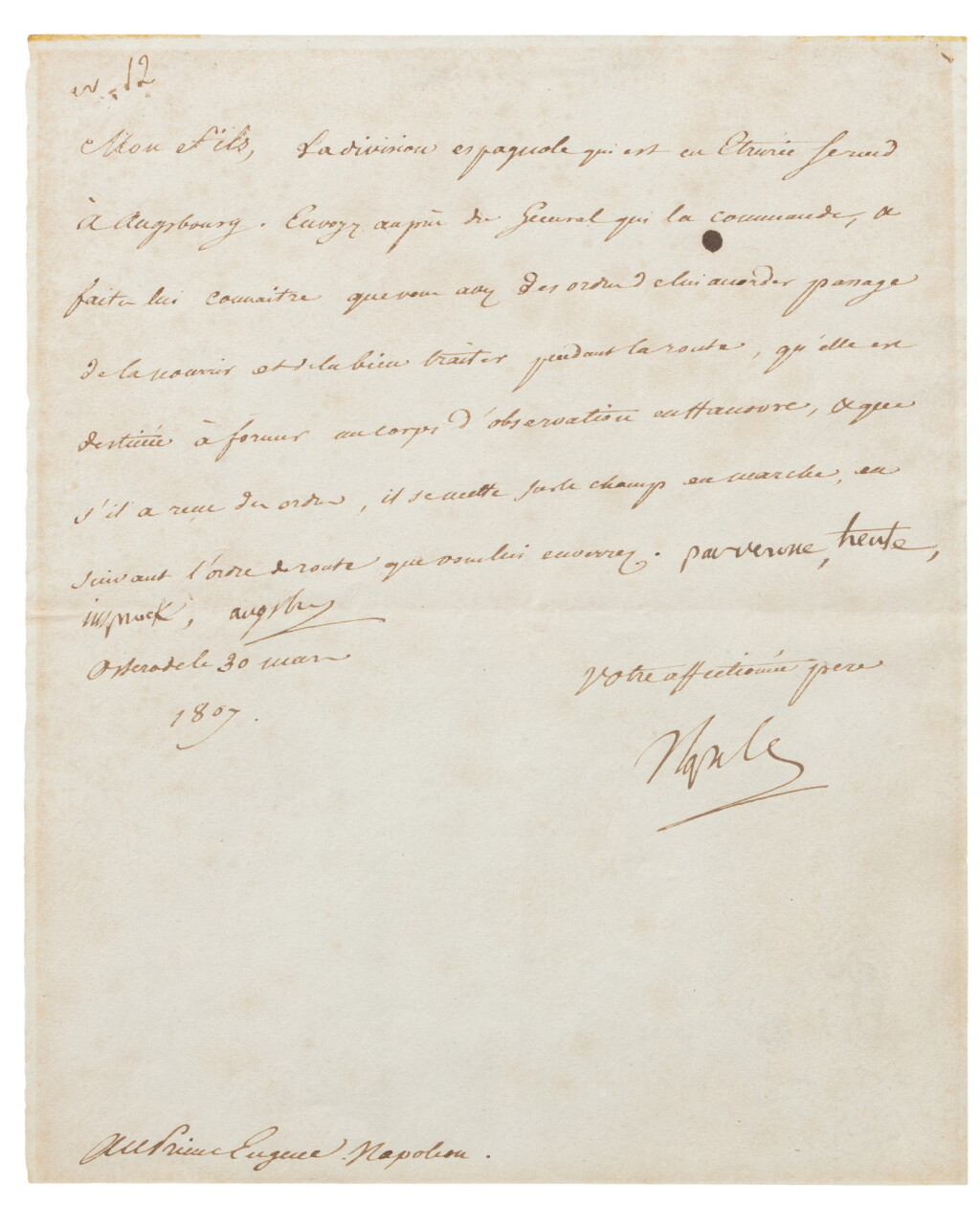 View full screen - View 1 of Lot 49. Lettre autographe signée au prince Eugène Napoléon. Osterode 30 mars 1807. 1 p..