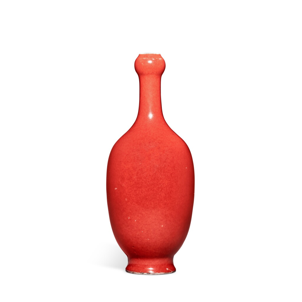 View full screen - View 1 of Lot 3. A coral-red-glazed garlic-mouth vase, Republic period.
