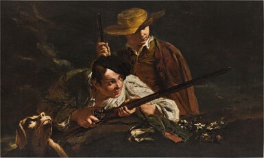 View full screen - View 1 of Lot 410. Young hunters with a dog.