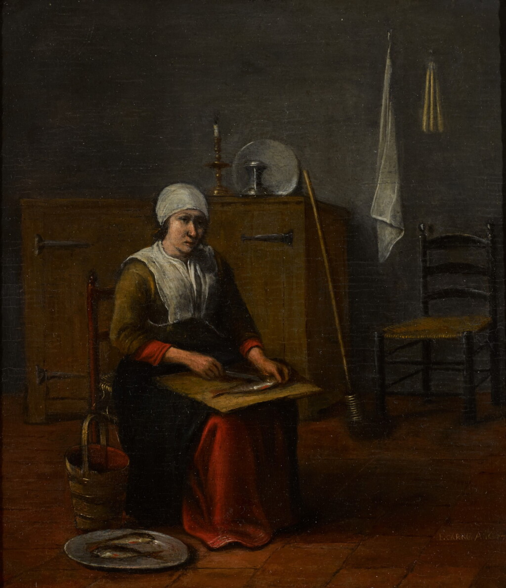 View full screen - View 1 of Lot 93. FRANCISCUS CARRÉ | A fish maid in an interior.