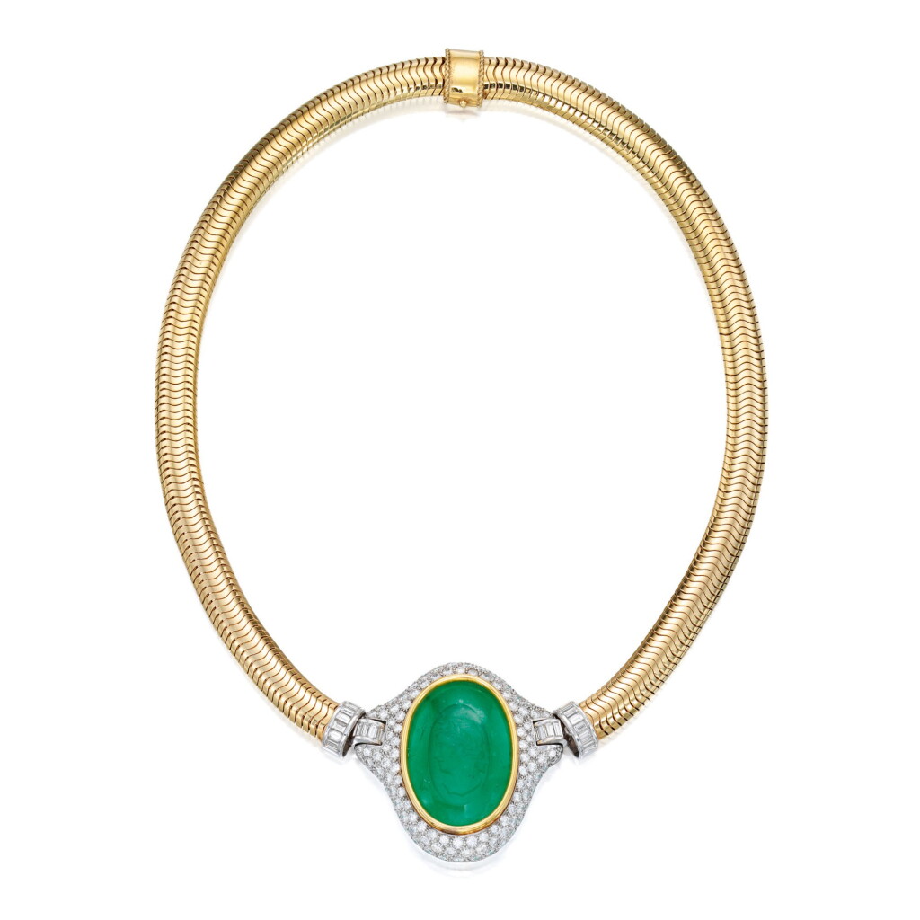 View full screen - View 1 of Lot 146. Gold, Emerald and Diamond Necklace.