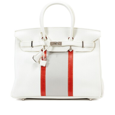 View full screen - View 1 of Lot 409. Gris Perle and Blanc Clémence and Sanguine Varanus Lizard Club Birkin 35 Palladium Hardware, 2011.