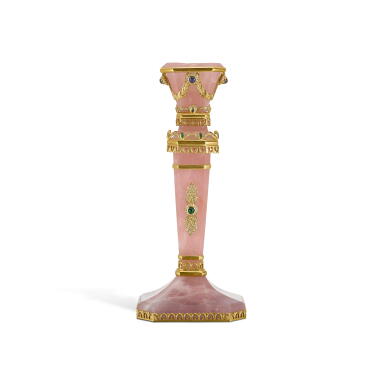 View full screen - View 1 of Lot 129. A richly-jewelled gold and hardstone candlestick, Singapore, late 20th century .