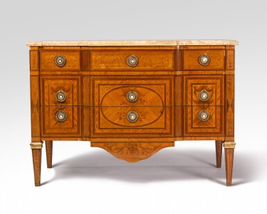 View full screen - View 1 of Lot 49. A Dutch neoclassical gilt-metal mounted fruitwood marquetry commode, 19th century.