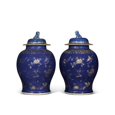 View full screen - View 1 of Lot 209. A pair of gilt-decorated powder-blue vases, Qing dynasty, 18th century.