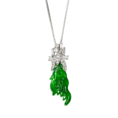 View full screen - View 1 of Lot 2841. Carved Jadeite and Diamond Pendent Necklace | 天然翡翠 配 鑽石 項鏈.