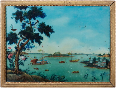 View full screen - View 1 of Lot 81. Two reverse glass paintings, Chinese school, Canton, Qing dynasty, early 19th century | 清十九世紀初 中國畫派 廣東外銷玻璃畫兩幅 鏡框.