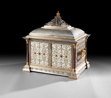View full screen - View 1 of Lot 11. A steel, ivory, hard stones and gilt-bronze cabinet, Spain, circa 1870-1880 | Cabinet en acier, ivoire, pierres dures et bronze doré, Espagne, circa 1870-1880.