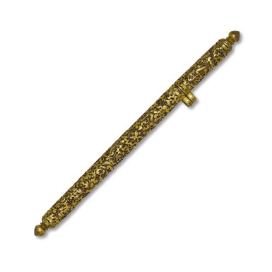 View full screen - View 1 of Lot 359. A reticulated gilt-damascened iron pen holder, Tibet, 16th century | 西藏十六世紀 鐵鋄金穿空花瑞獸紋筆管.