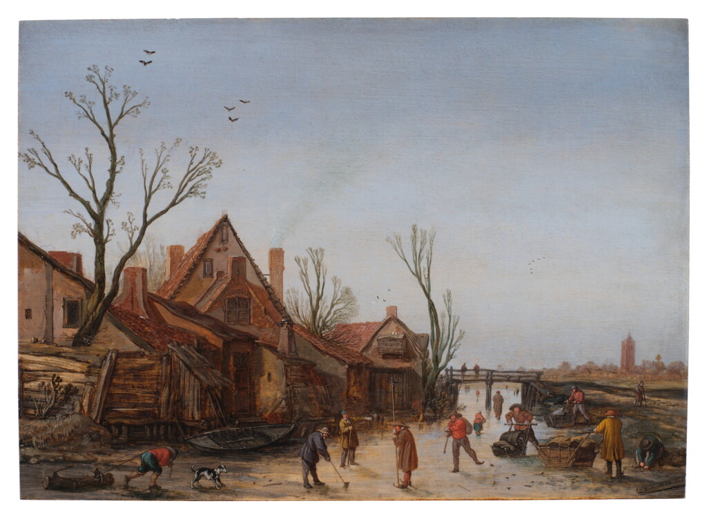View full screen - View 1 of Lot 317. Winter Landscape with Farmhouses and Skaters on a Frozen Waterway.