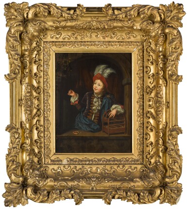 View full screen - View 1 of Lot 94. THOMAS VAN DER WILT | Portrait of a small boy in blue with a feathered cap tempting a bird into a cage with a piece of pretzel.