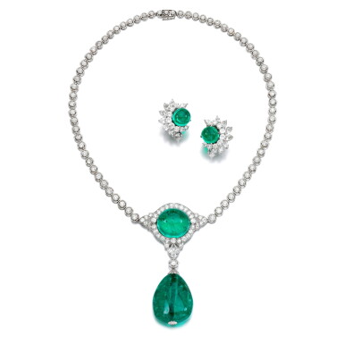 View full screen - View 1 of Lot 275. Emerald and diamond necklace and a pair of emerald earclips.