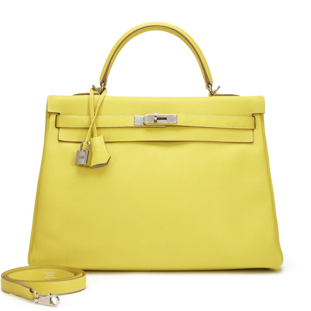 View full screen - View 1 of Lot 119. Limited Edition Lime Epsom and Gris Perle Verso Candy Kelly 32 Retourné Palladium Hardware, 2011.