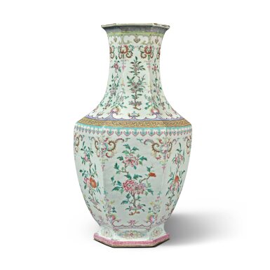 View full screen - View 1 of Lot 24. A large famille-rose 'flower and fruit' hexagonal vase, 19th / early 20th century.