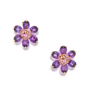 View full screen - View 1 of Lot 170. Pair of Amethyst and Pink Sapphire 'Hawaii' Earclips, France.