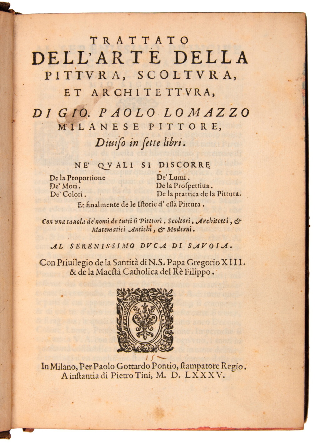 View full screen - View 1 of Lot 193. Lomazzo, Trattato dell'arte della pittura, Milan, 1585, seventeenth-century French green morocco, Beckford copy.