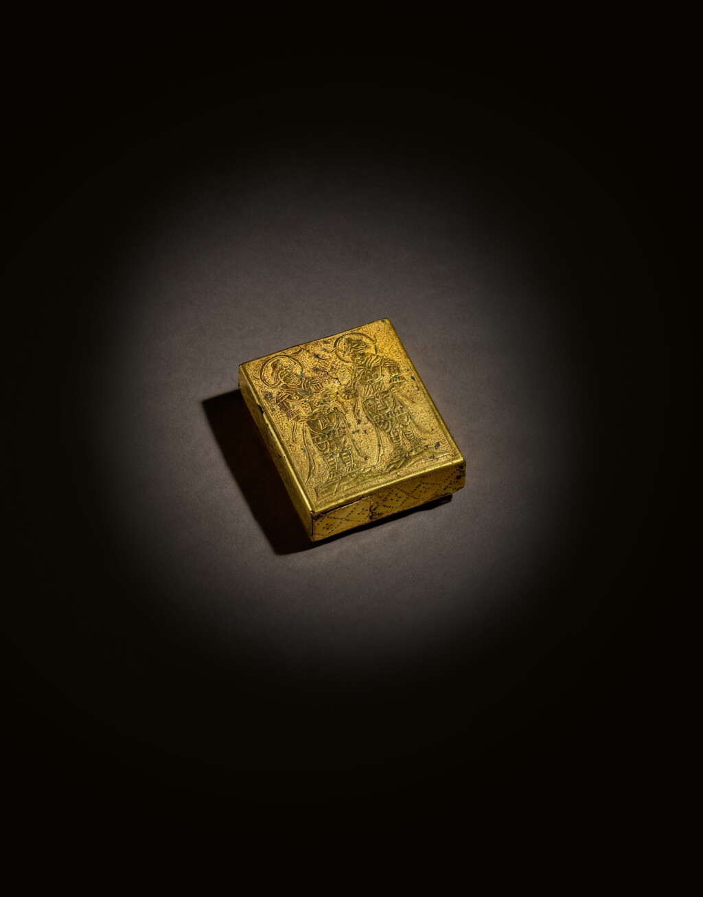 View full screen - View 1 of Lot 64. A very rare gilt-metal 'guardian kings' box and cover, Tang / Liao dynasty.