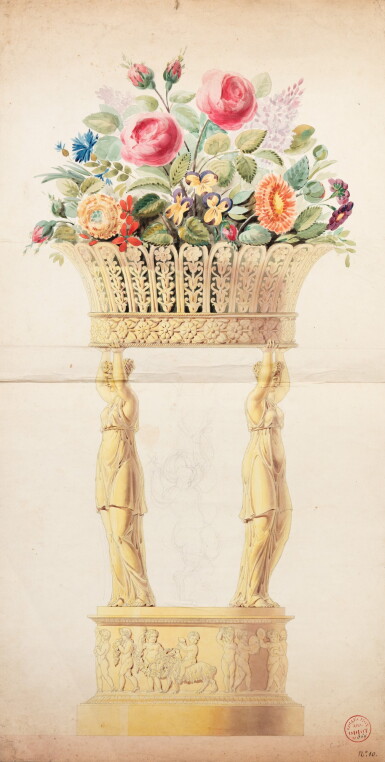 View full screen - View 1 of Lot 49. Large pen on brown ink, watercolour over traces of graphite, on paper glued on thin canvas representing the middle of a centertable shaped as a basket of flowers in a silver-gilt coupe, stamped COLLECTION J.B.C ODIOT n°364 | Grand dessin à la plume et encre brune, aquarelle sur préparation au graphite sur papier contrecollé sur toile fine représentant un milieu de surtout en forme de corbeille de fleurs dans une coupe en vermeil, cachet COLLECTION J.B.C. ODIOT n°364.