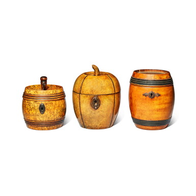View full screen - View 1 of Lot 527. A George III Fruitwood Tea Caddy in the Shape of a Melon together with two Tea Caddies in the Shape of Barrels, Circa 1800.