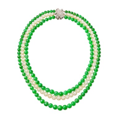 View full screen - View 1 of Lot 559. Jadeite Bead, Cultured Pearl and Diamond Necklace, Clasp by Chaumet | 天然翡翠珠 配 養殖珍珠 項鏈, 尚美鑽石鏈扣.