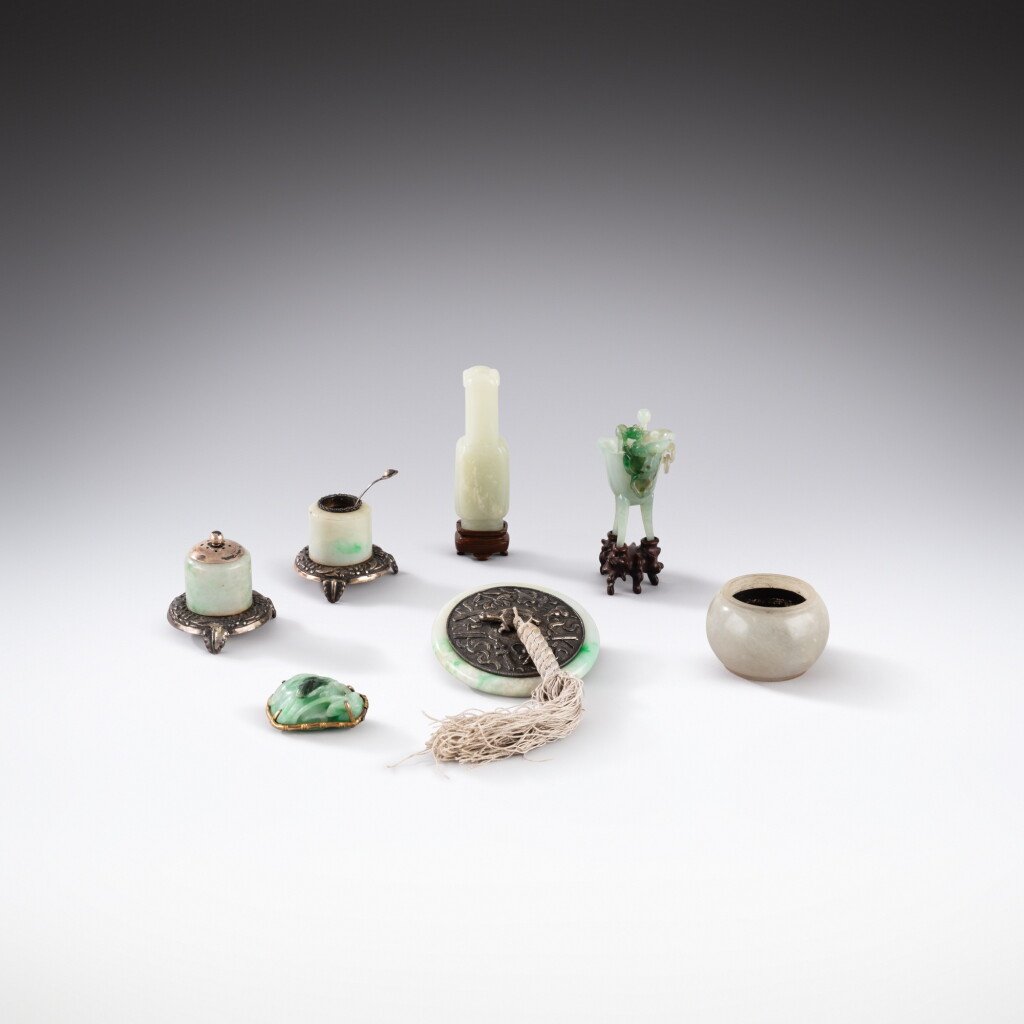 View full screen - View 1 of Lot 7. A group of jade and jadeite scholar’s implements and ornaments, Qing dynasty - Republican period | 清至民國 玉雕及翠玉雕文房器一組七件.