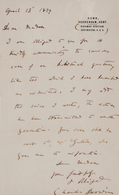 View full screen - View 1 of Lot 1036. Darwin, Charles | A letter regarding a bizarre inherited behavior.