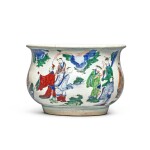A wucai 'figural' censer, Qing dynasty, Shunzhi / early Kangxi period | 清順治 / 康熙初 青花五彩人物故事圖爐