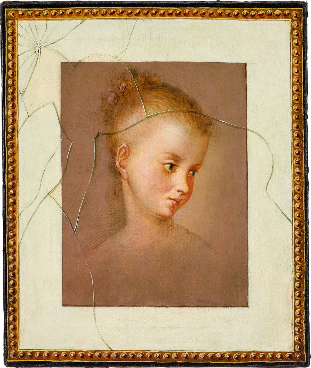 View full screen - View 1 of Lot 2024. French School, 18th century, Trompe-l'œeil with a drawing of a young lady | 十八世紀 法國學院少女肖像布本油畫 .