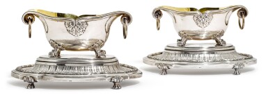 View full screen - View 1 of Lot 247. A pair of parcel-gilt silver sauce boats on stands, possibly Nicholls & Plinke, St Petersburg, circa 1890.