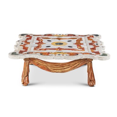 View full screen - View 1 of Lot 48. A Neapolitan Baroque Inlaid Marble Top Mounted as a Low Table on a Neoclassical Style Giltwood Stand.