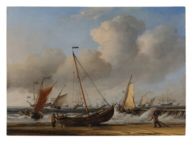 View full screen - View 1 of Lot 9. A fishing pink hauled up on the beach and other vessels under sail in a fresh breeze off the Dutch coast.