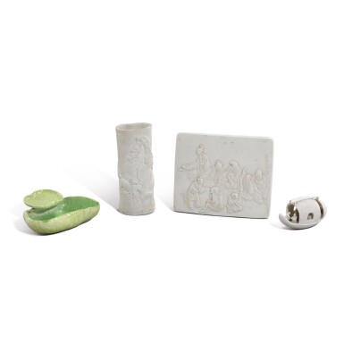 View full screen - View 1 of Lot 3312. Four small ceramics, signed Chen Guozhi, Qing dynasty, Daoguang period | 清道光 素胎及綠釉瓷器四件 《陳國治作》款.